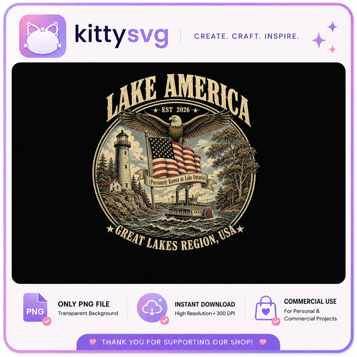 Lake America PNG, Great Lakes Patriotic Eagle Flag PNG, 4th Of July PNG