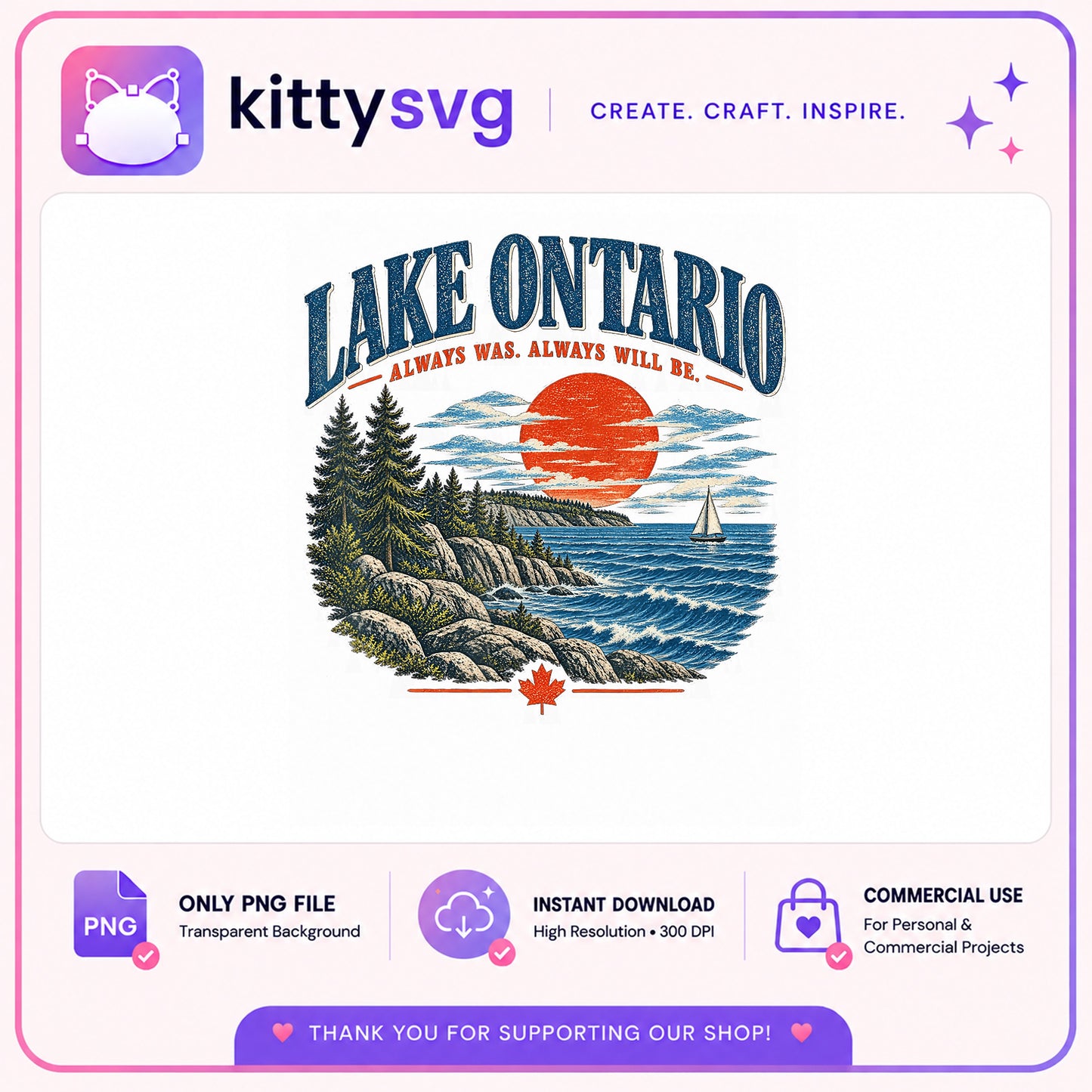 Lake Ontario PNG, Canada Lake Shirt Design, Retro Lake PNG