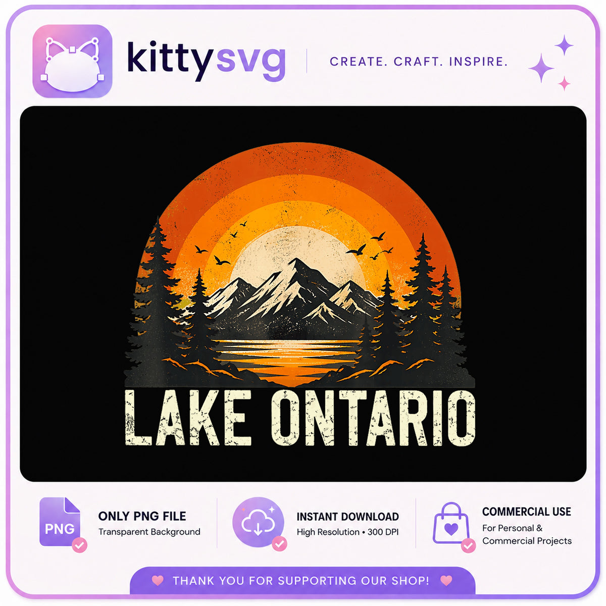 Lake Ontario Retro Sunset PNG, Mountain Lake Clipart, Vintage Outdoor PNG