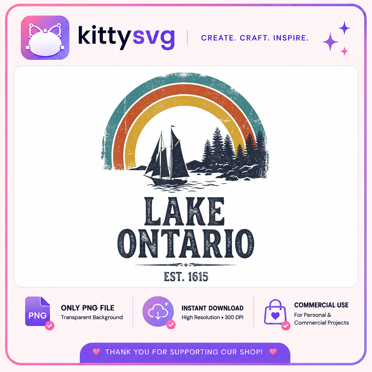 Lake Ontario Retro Vintage PNG, Sailboat Rainbow PNG, Lake Life PNG