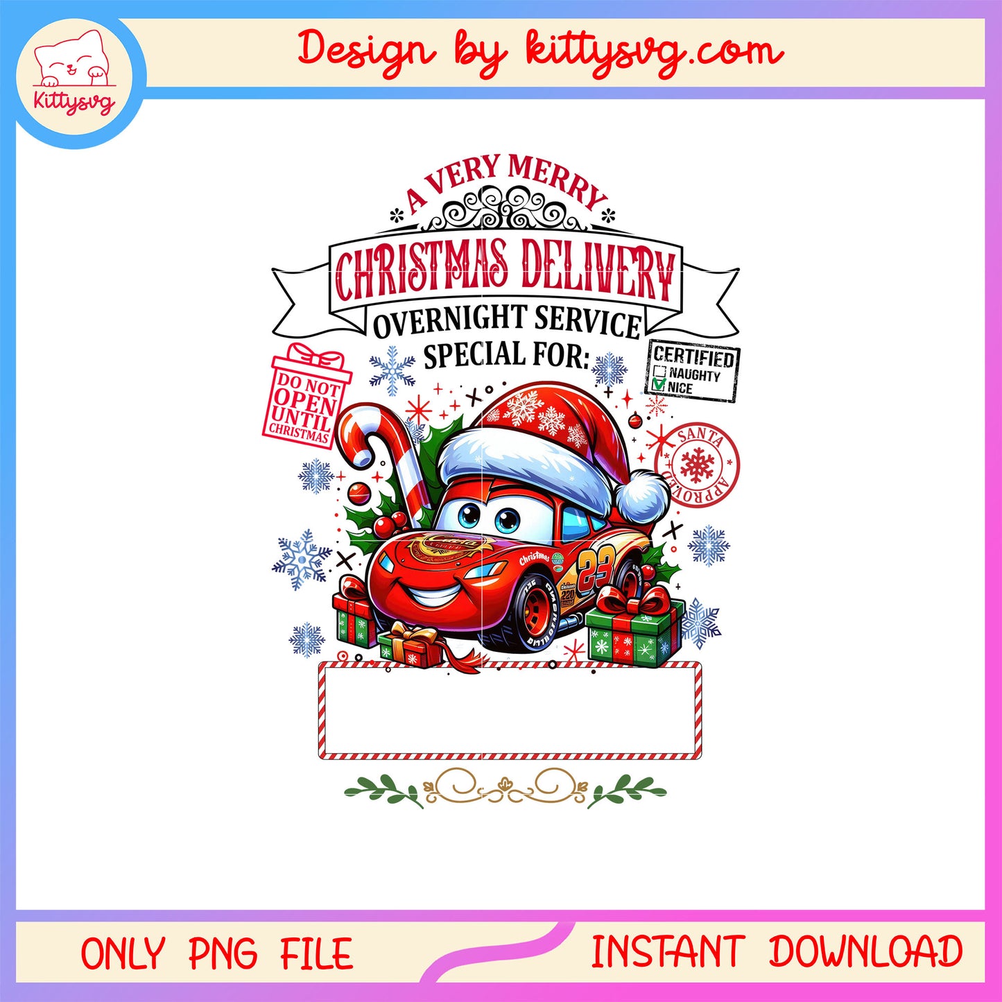 Lightning mcqueen very merry christmas delivery png, disney cars png