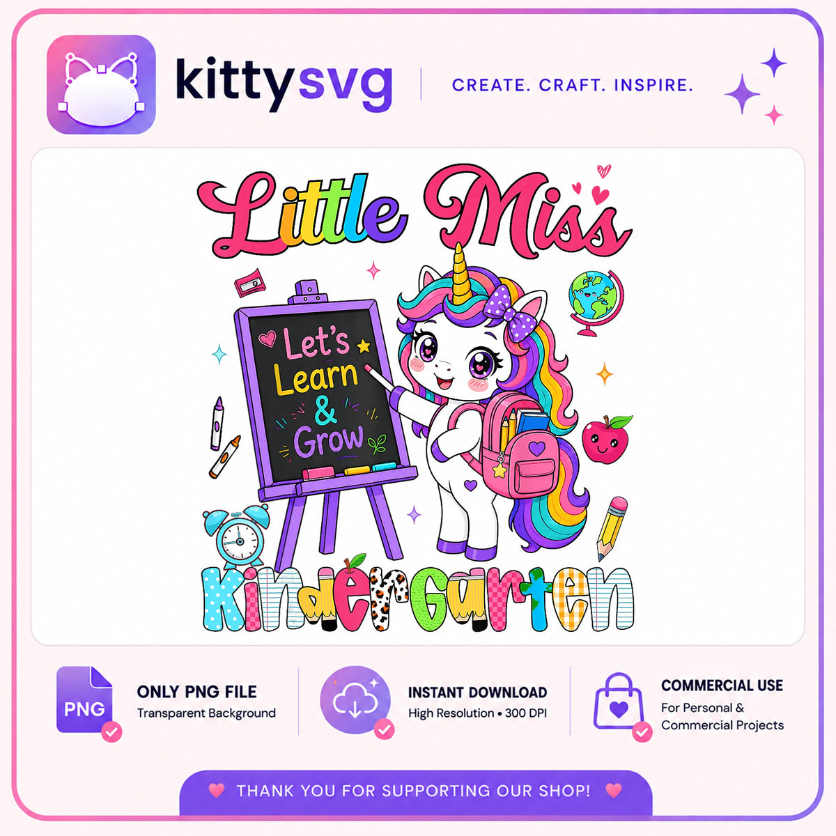Little Miss Kindergarten Unicorn PNG, Back To School PNG, Girls PNG