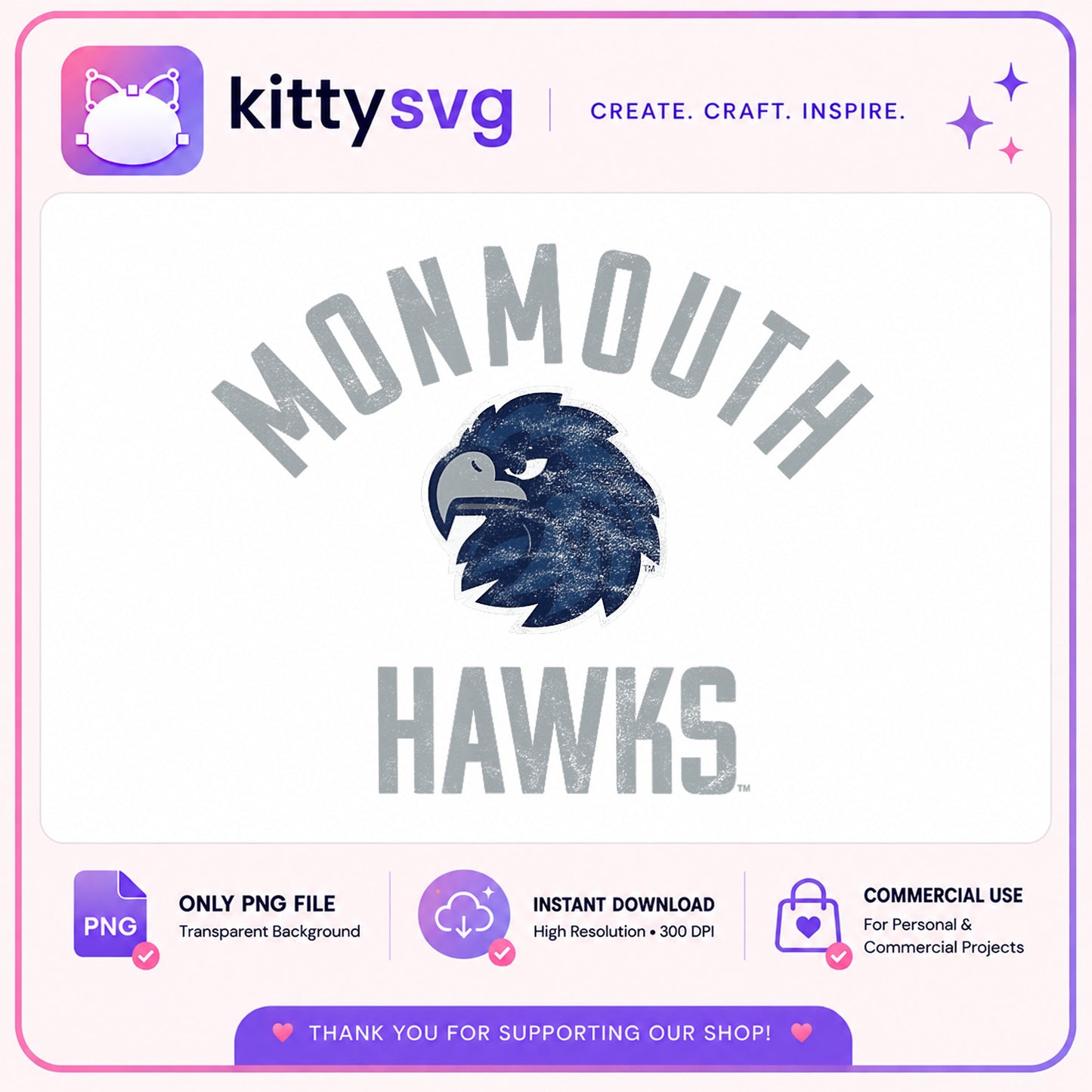 Monmouth Hawks PNG, College Mascot PNG, Instant Download PNG
