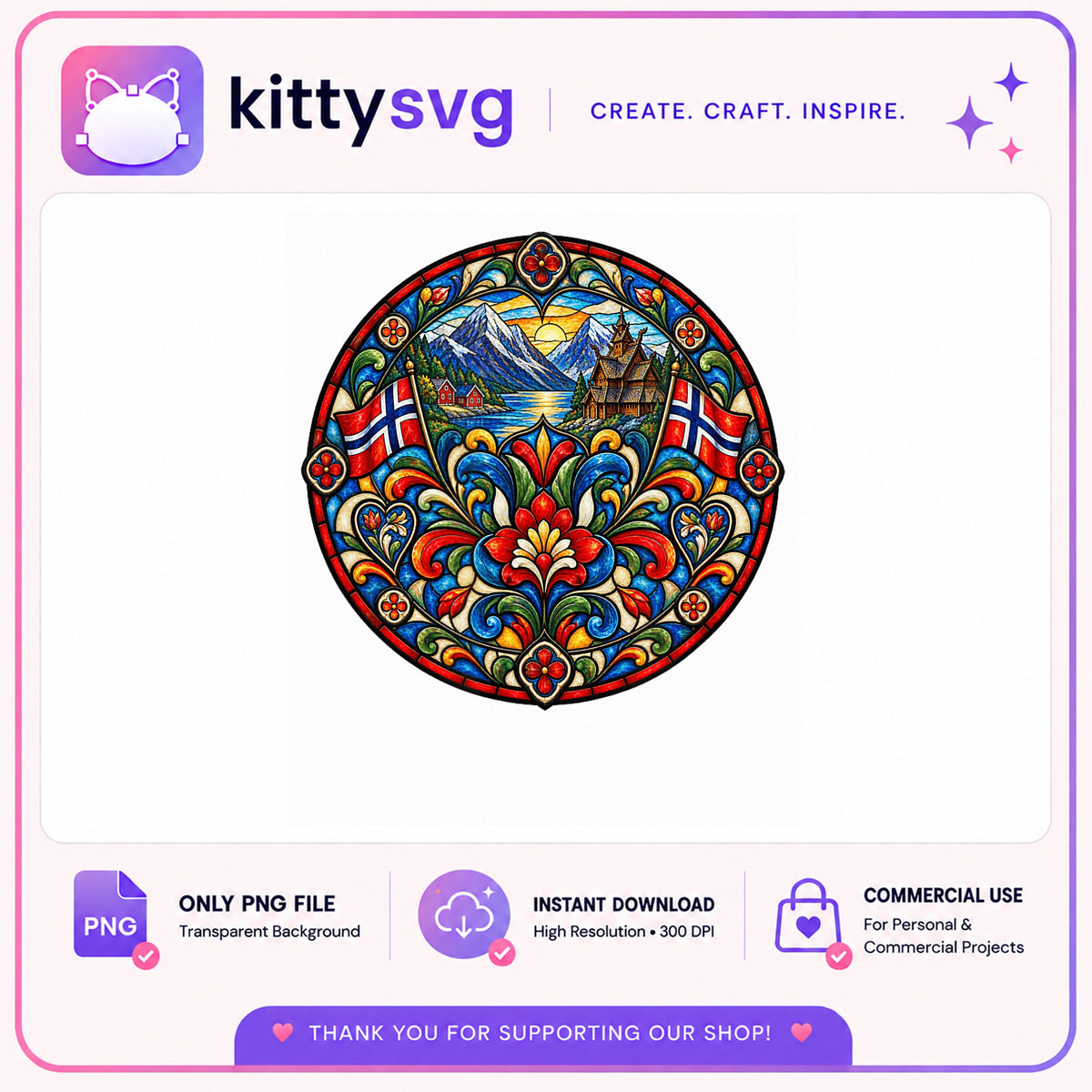 Norway Stained Glass Mandala PNG, Norwegian Flag PNG, Rosemaling PNG