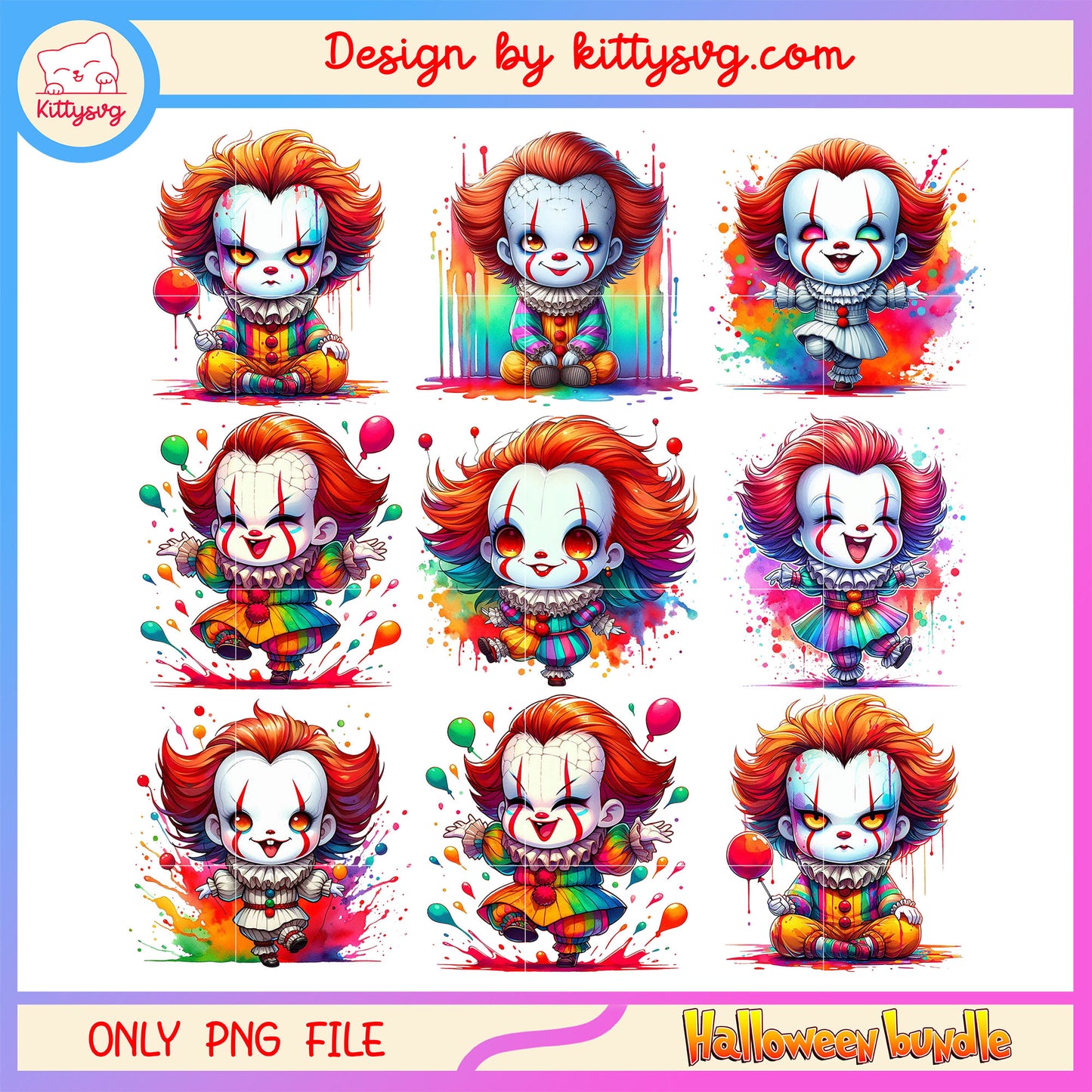 Penny wise water color halloween bundle png, penny wise horror png
