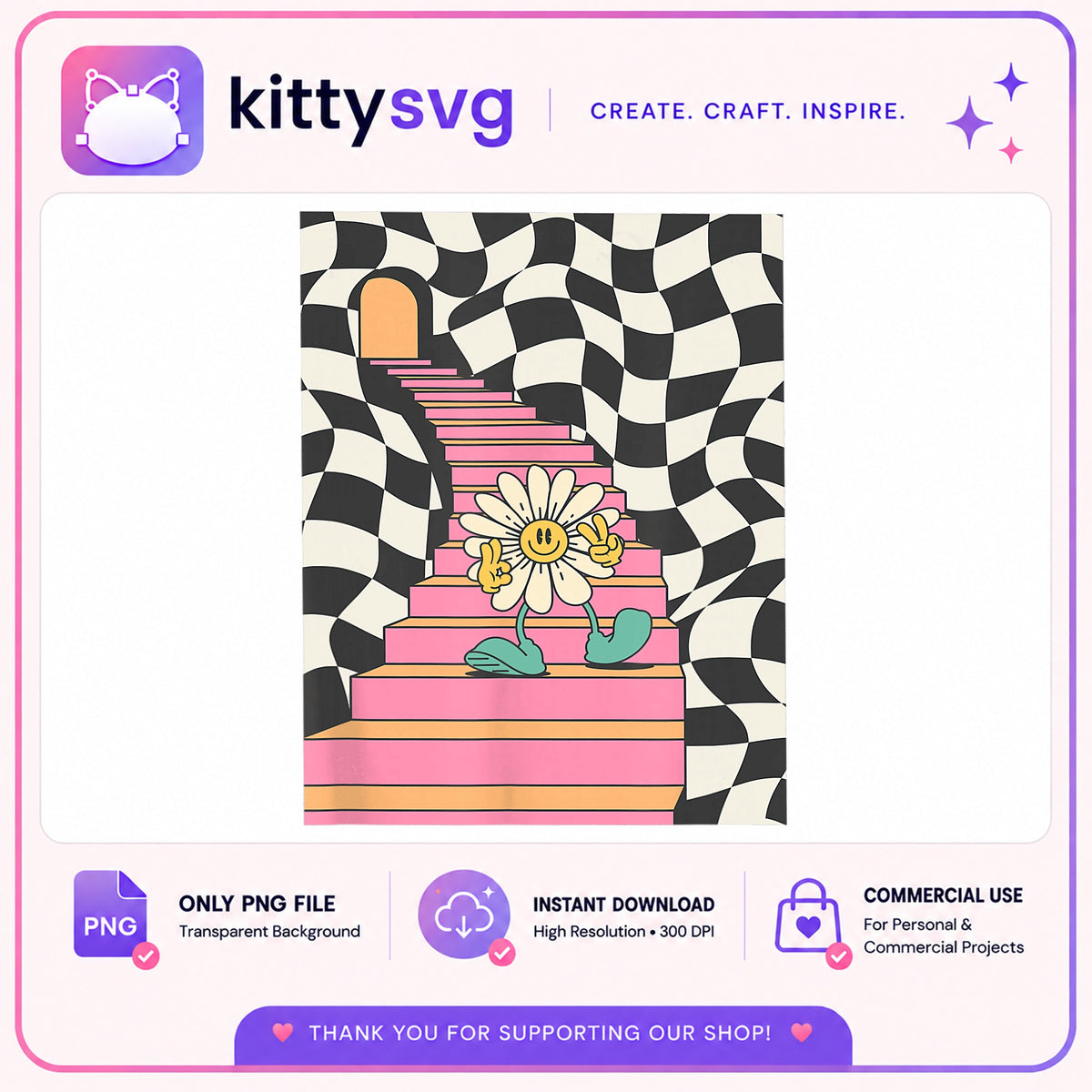 Retro Daisy Checkered Staircase PNG, Groovy Flower PNG, Trippy PNG