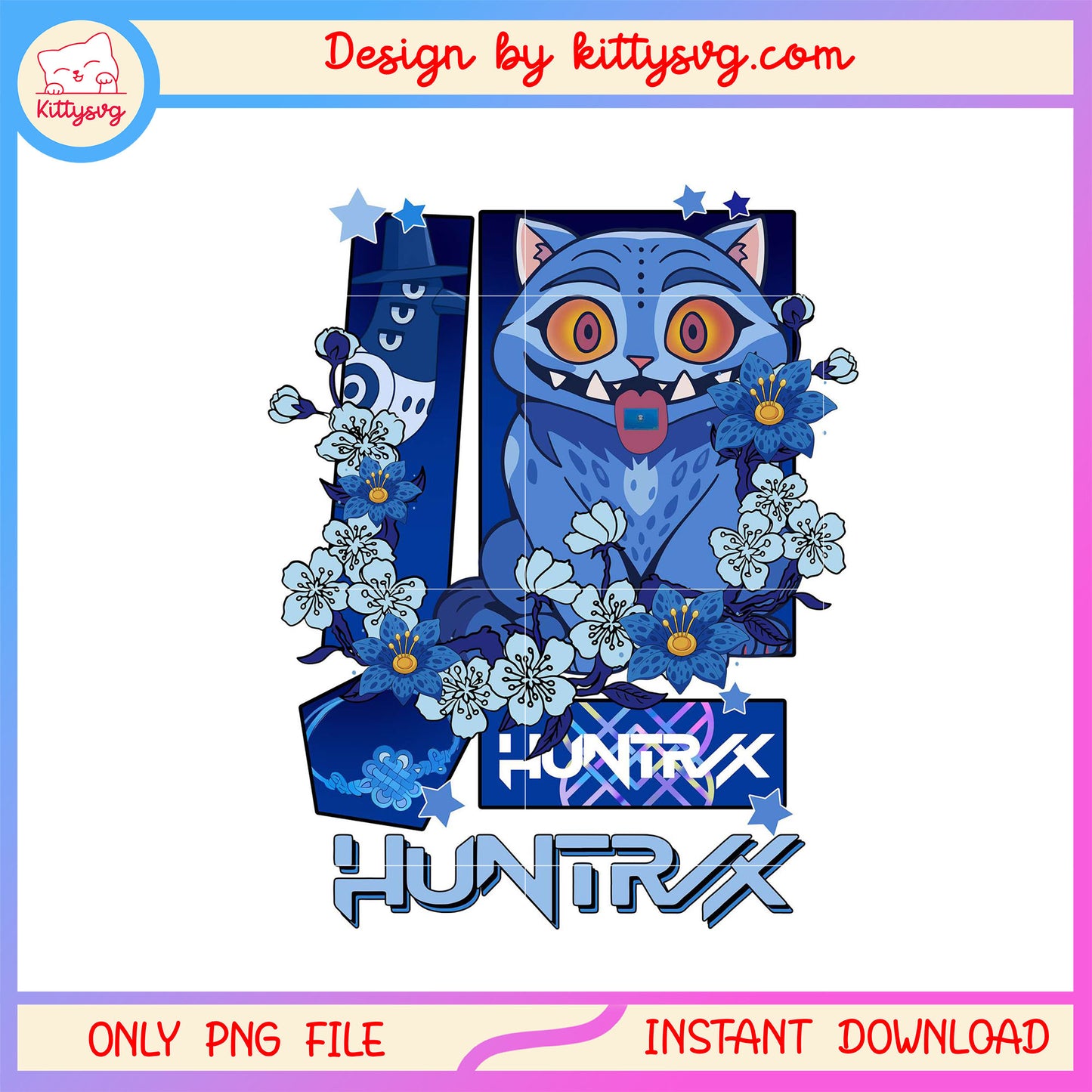Retro floral huntrix derpy tiger design png, cute demon tiger derpy png