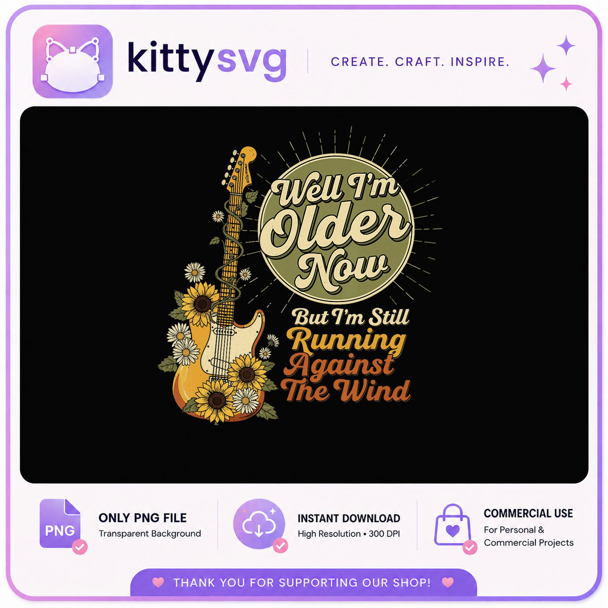 Running Against The Wind Guitar Floral PNG, Retro Music PNG, Sunflower PNG