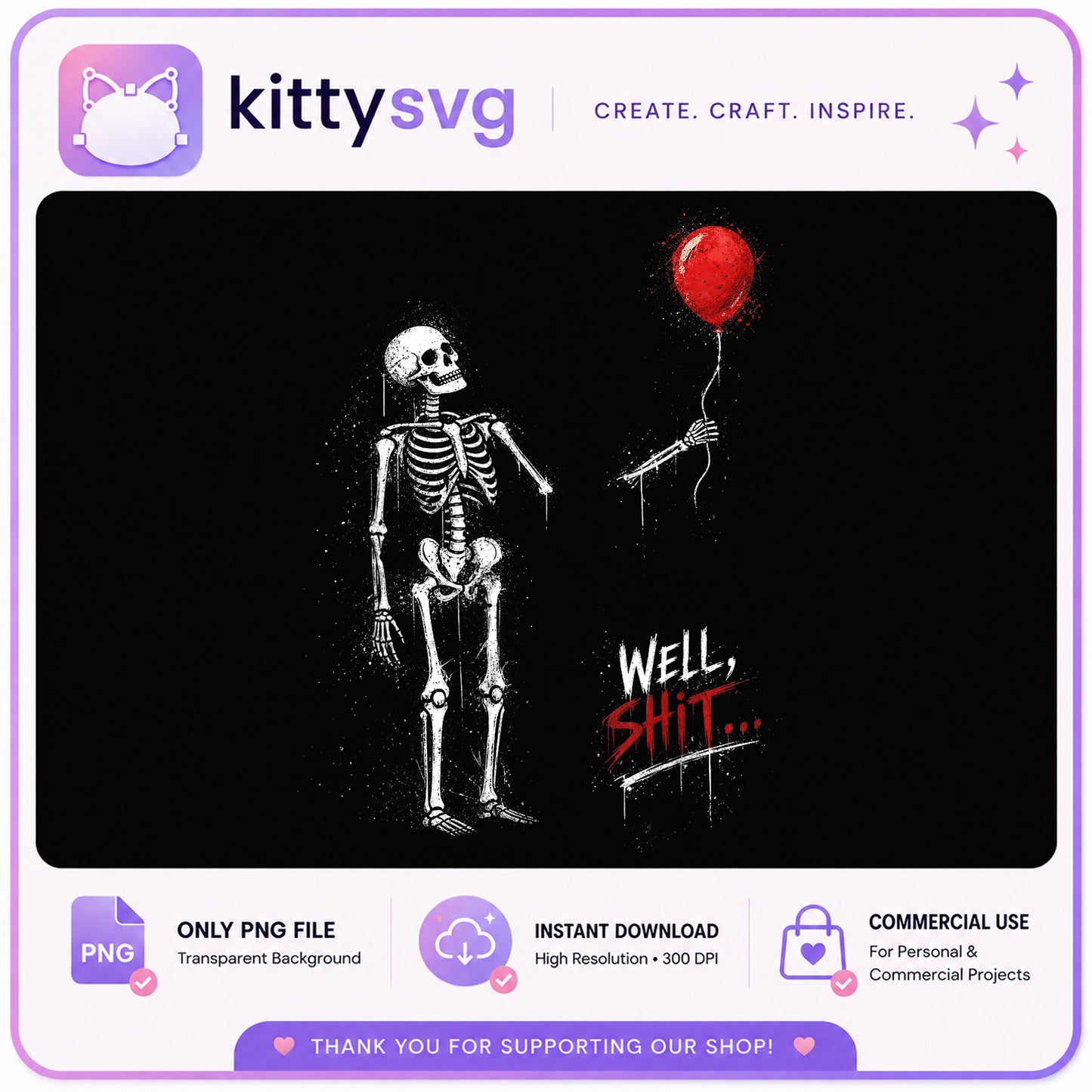 Skeleton With Red Balloon PNG, Well Shit PNG, Halloween PNG