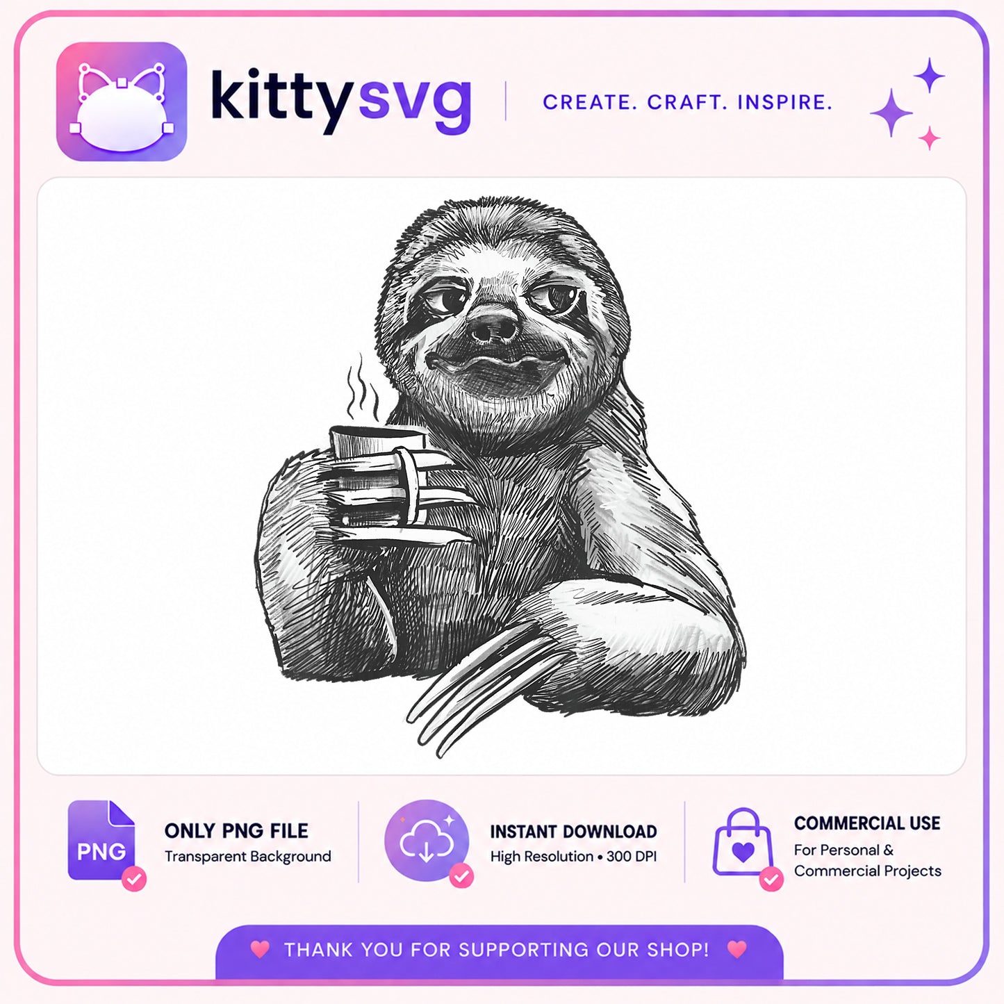 Sloth Drinking Coffee PNG, Cute Sloth Clipart, Sloth PNG
