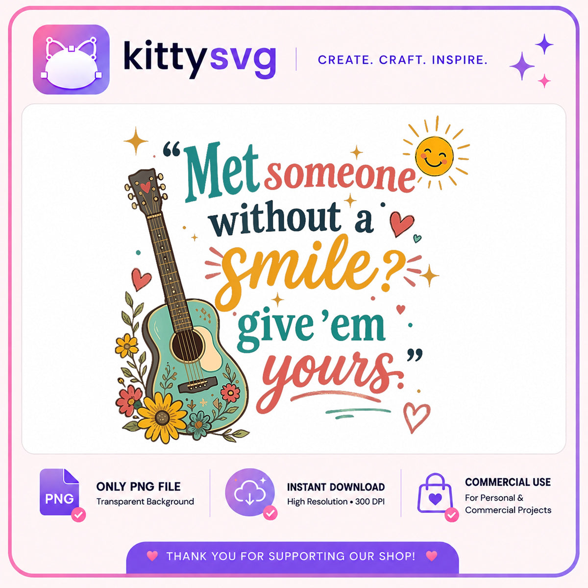 Smile Quote PNG, Inspirational Guitar Floral Design, Boho PNG