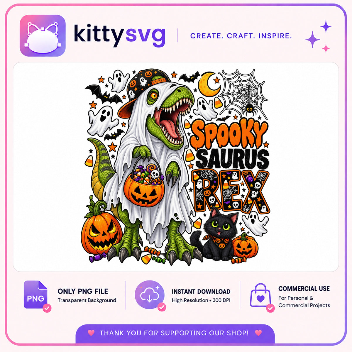 Spooky Saurus Rex Halloween PNG, Ghost Dinosaur PNG, T-Rex PNG