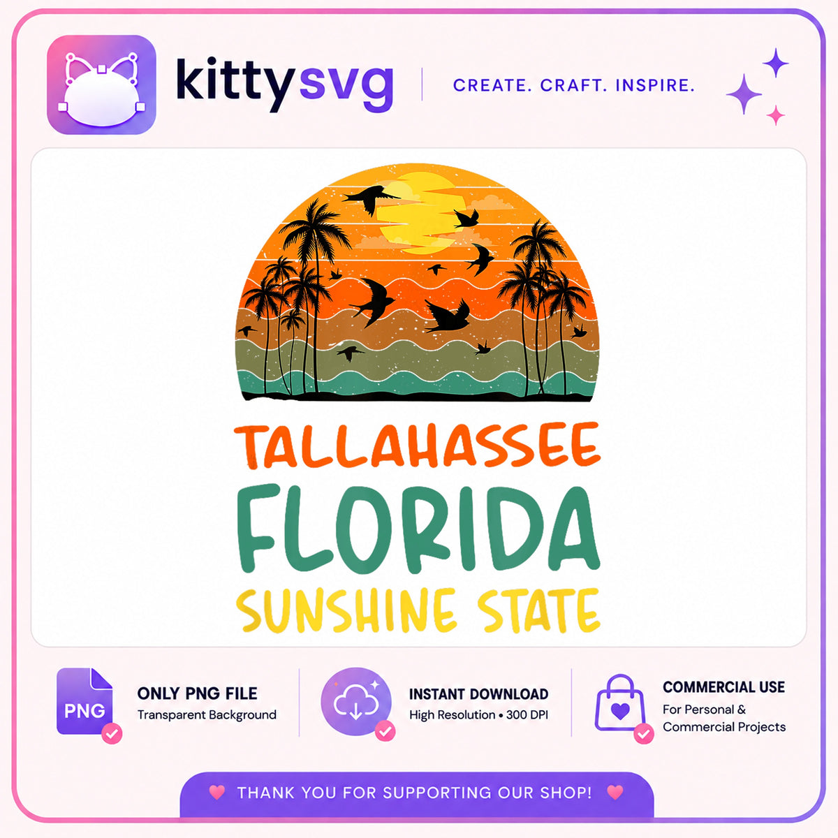 Tallahassee Florida Sunshine State PNG, Retro Sunset PNG, Florida PNG