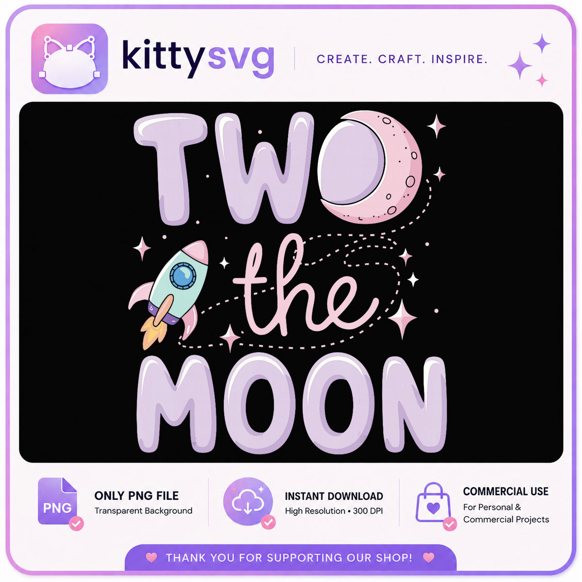 Two The Moon PNG, 2nd Birthday Space PNG, Rocket Moon PNG