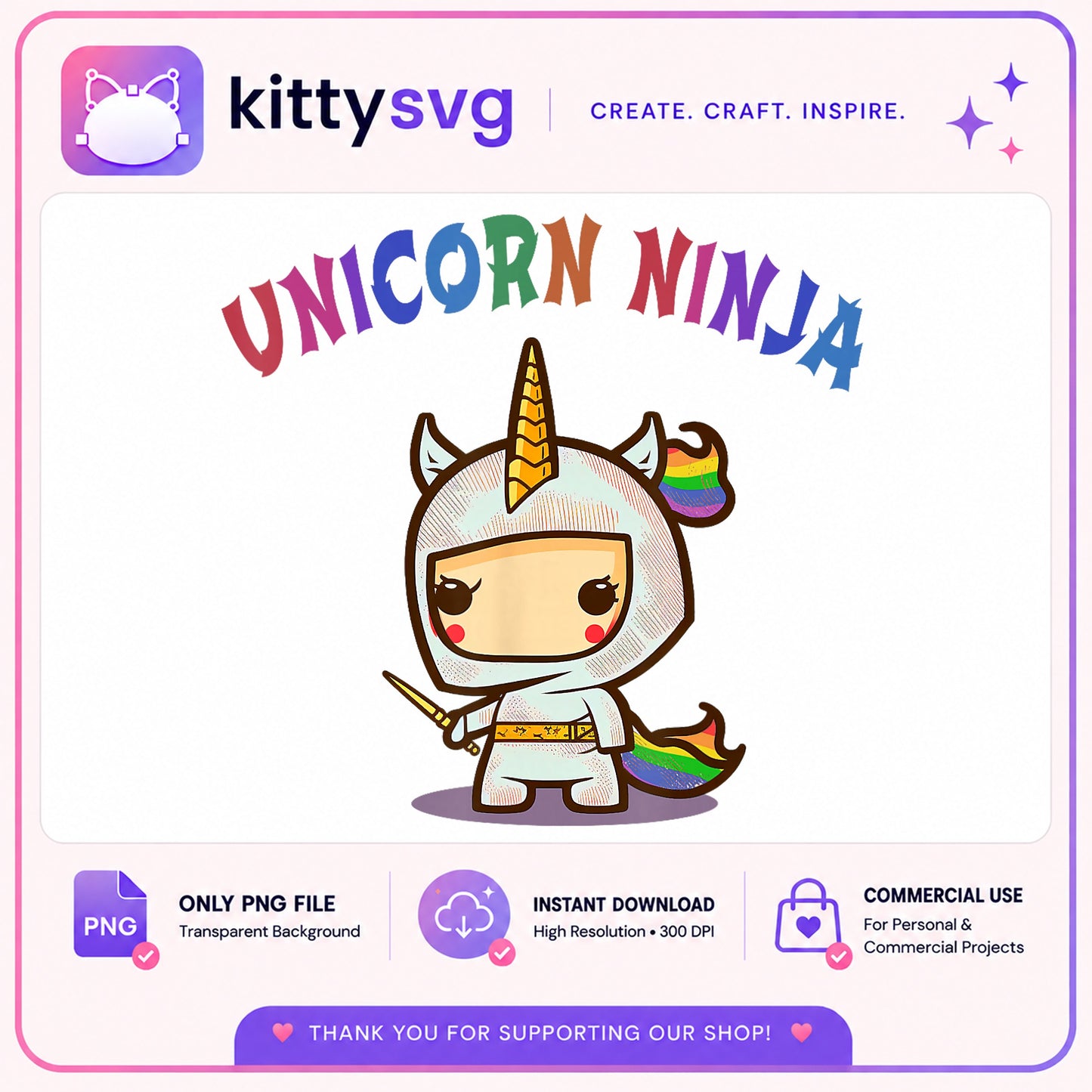 Unicorn Ninja PNG, Rainbow Unicorn Clipart, Cute Ninja PNG