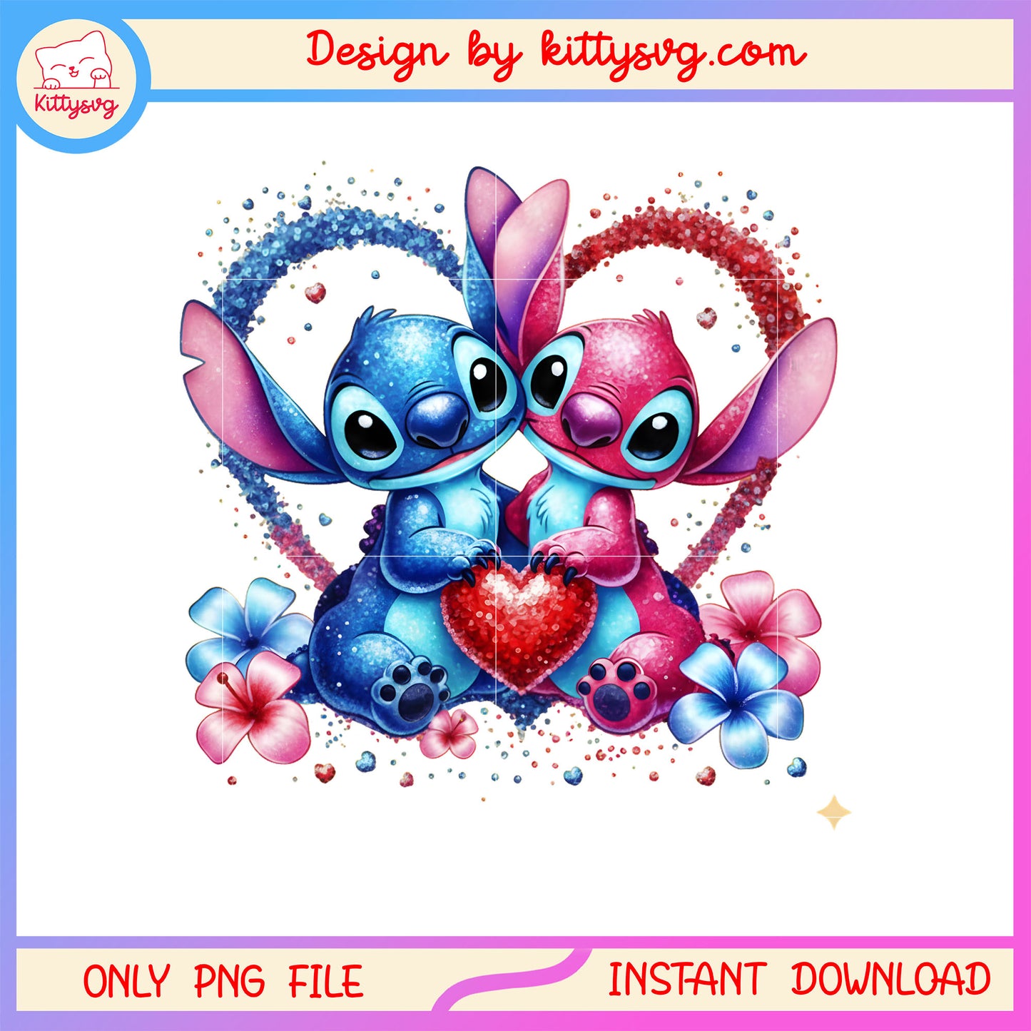 Valentine flower glitter couple png, stitch valentines day png