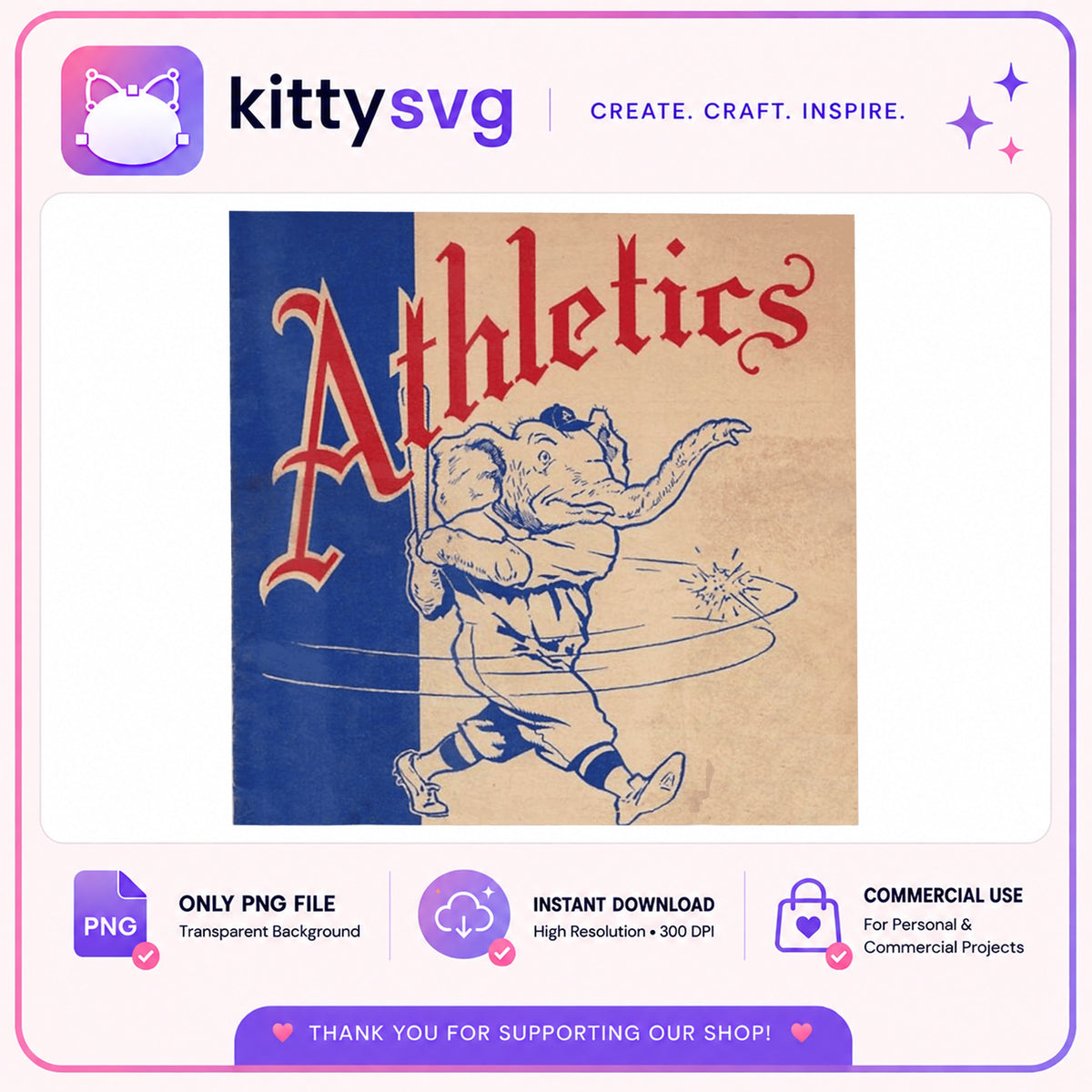 Vintage Athletics Elephant Baseball PNG, Retro Sports PNG, Baseball Team PNG