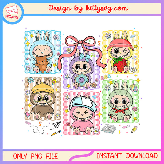 Vintage card labubu dolls coquette ribbon frame png, labubu cartoon png