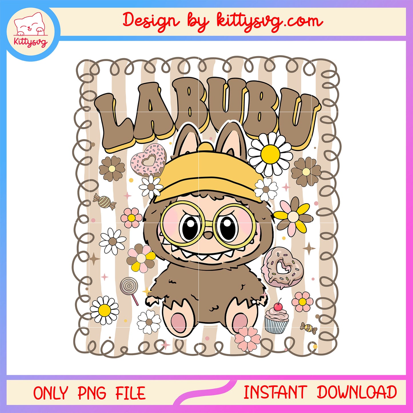 Vintage flower labubu cute doll frame design png, labubu cartoon png