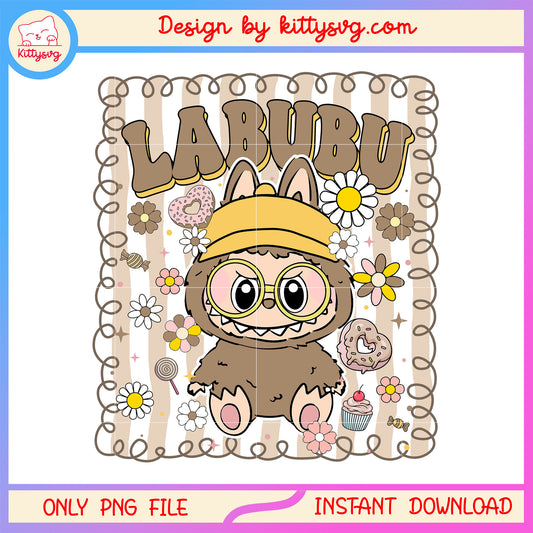 Vintage flower labubu cute doll frame design png, labubu cartoon png