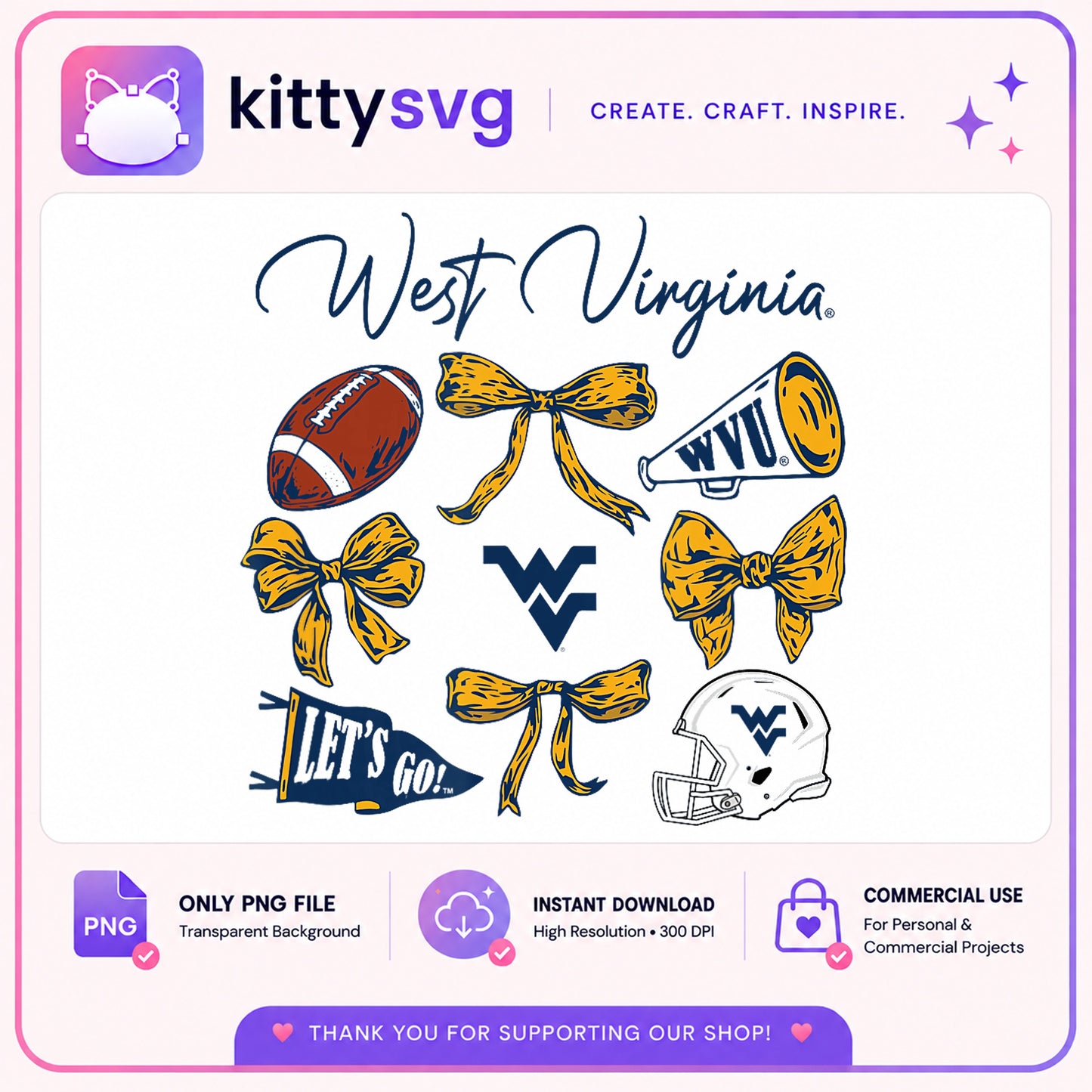 West Virginia WVU Football PNG, Coquette Bow PNG, Game Day PNG