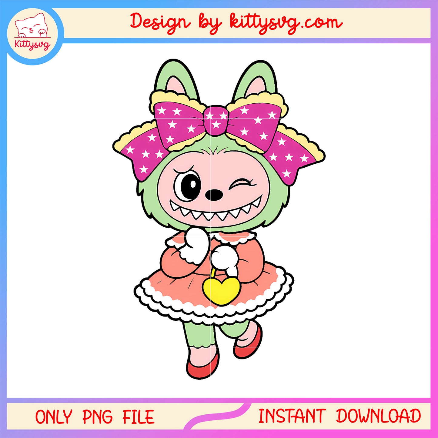 Winking bow girl labubu monster design png, green labubu png