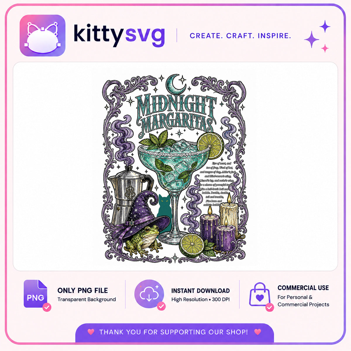 Witchy Cocktail PNG, Midnight Margaritas Witch Hat, Halloween PNG