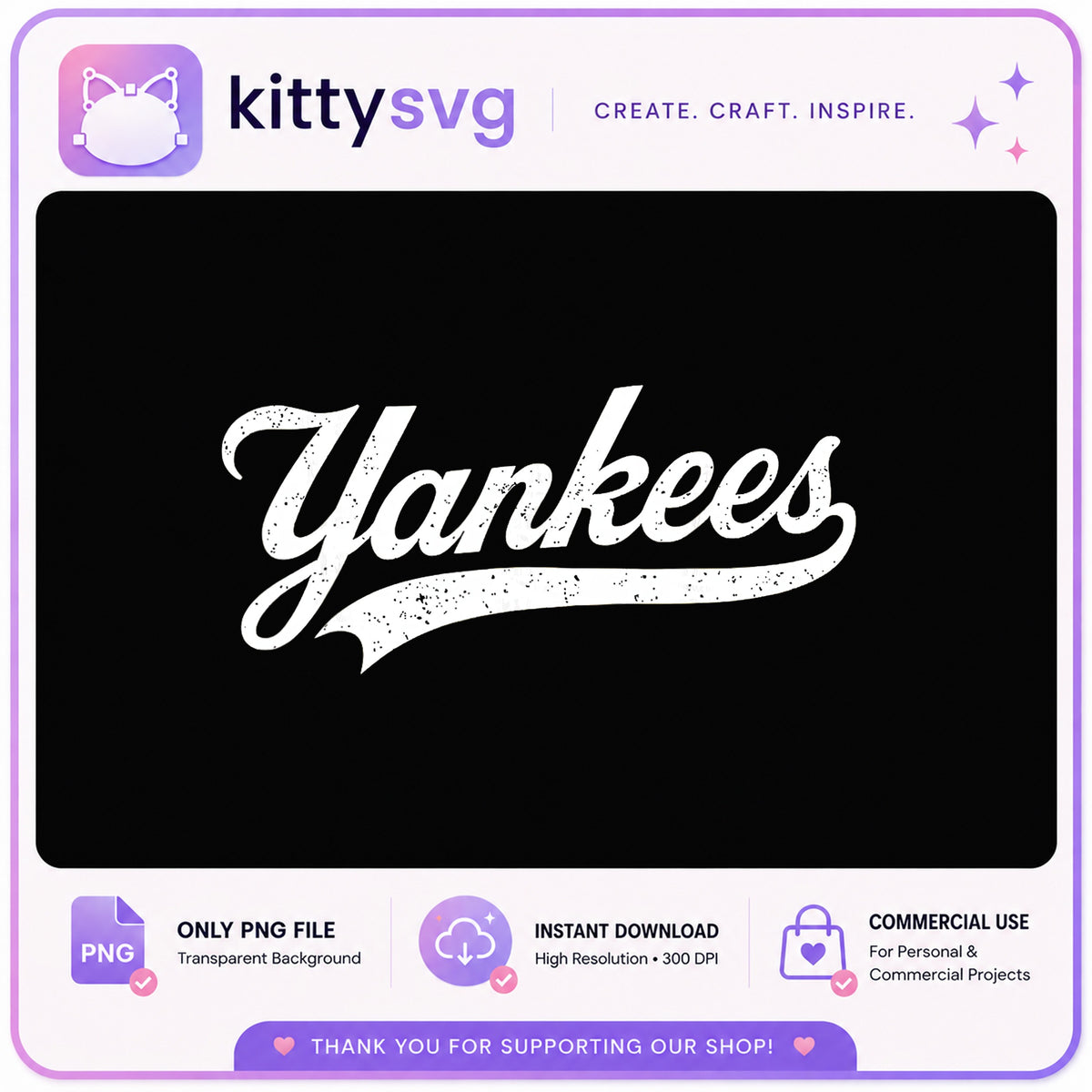 Yankees Distressed Script PNG, Baseball Team Logo PNG, Retro PNG