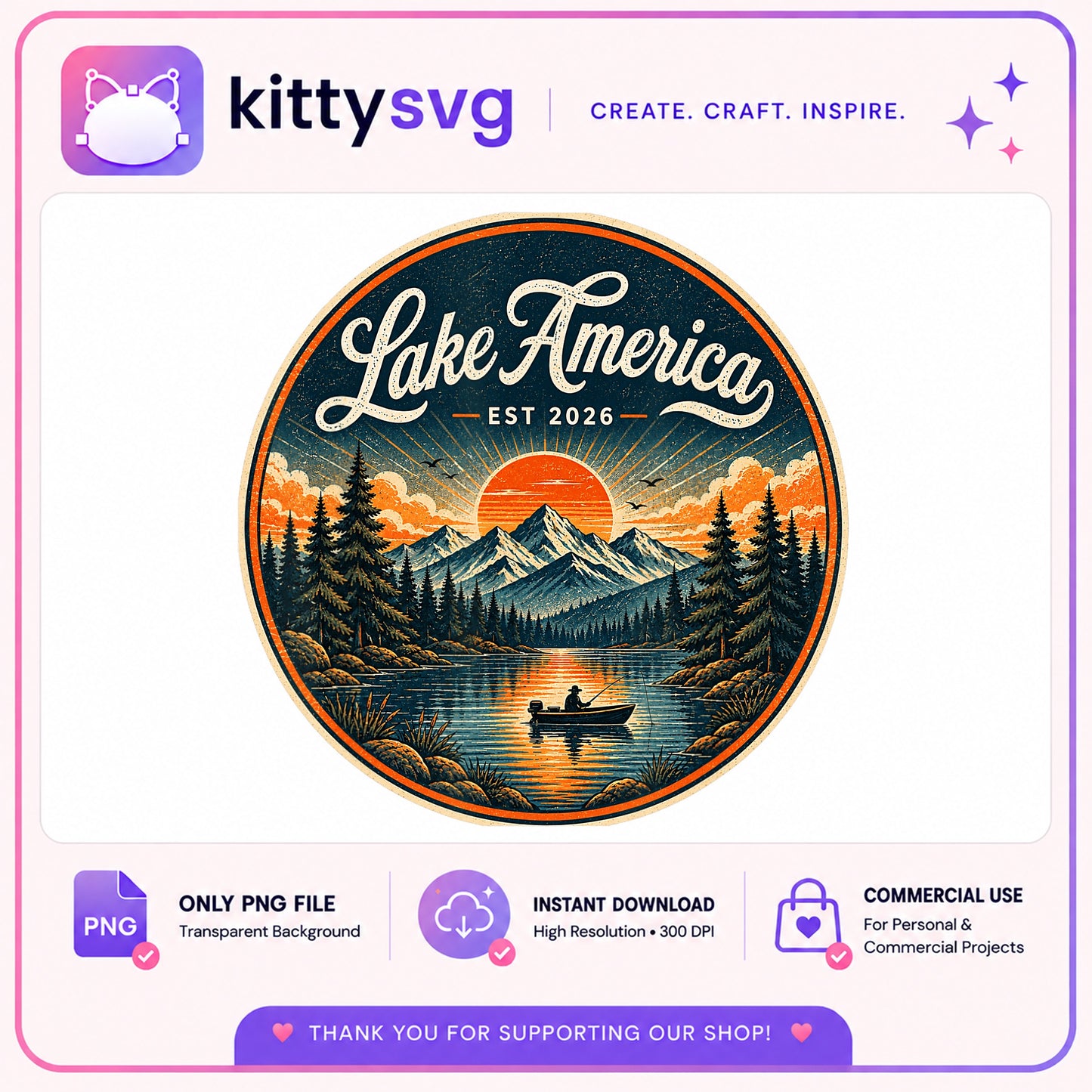 Lake America Fishing PNG, Vintage Outdoor Lake Shirt, Nature PNG