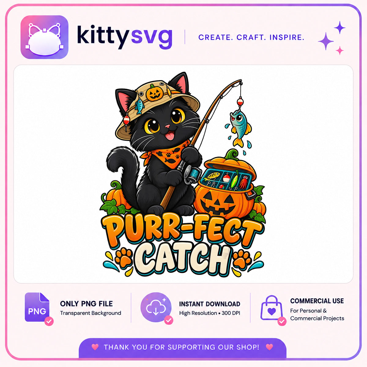 Halloween Black Cat Fishing PNG, Purr-Fect Catch PNG, Cat Halloween PNG