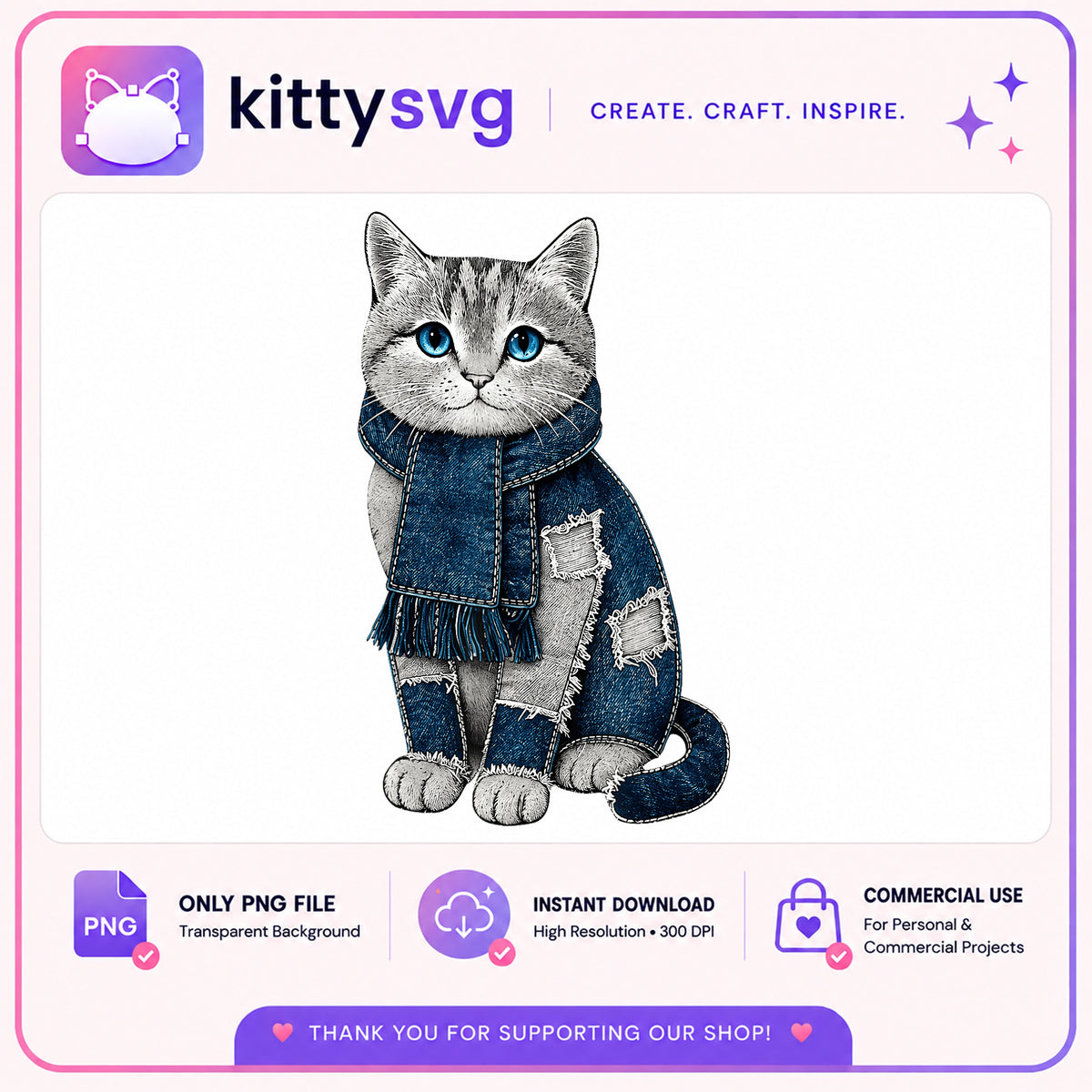 Cute Cat Wearing Denim Outfit Clipart, Cat Lover PNG, Kitten PNG