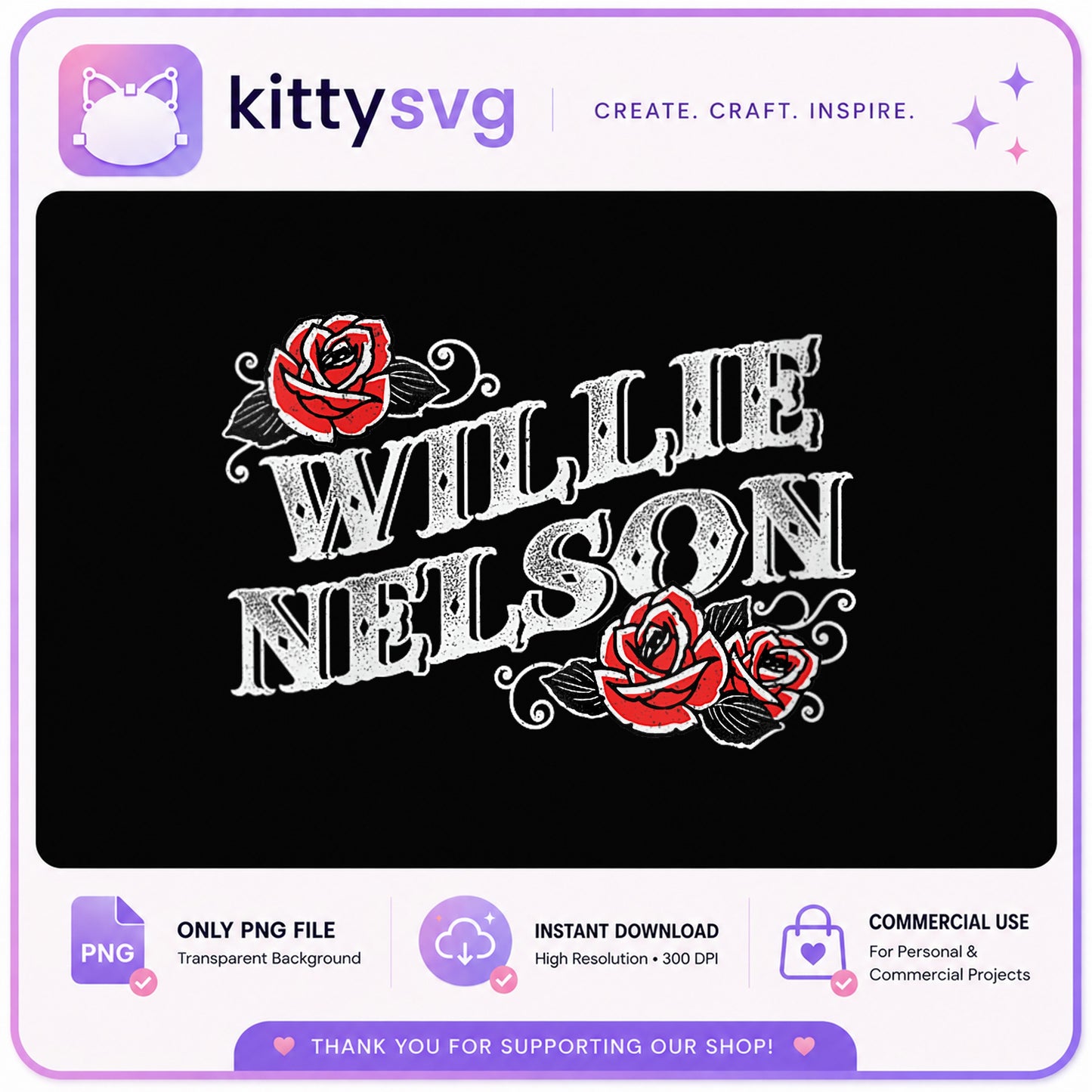 Willie Nelson PNG, Country Music Rose Floral, Vintage PNG