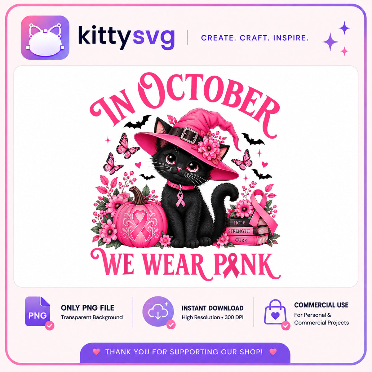 In October We Wear Pink Black Cat PNG, Breast Cancer PNG, Halloween PNG