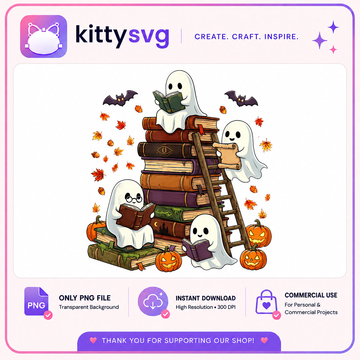Halloween Ghost Reading Books PNG, Cute Ghost Bookish PNG, Spooky PNG