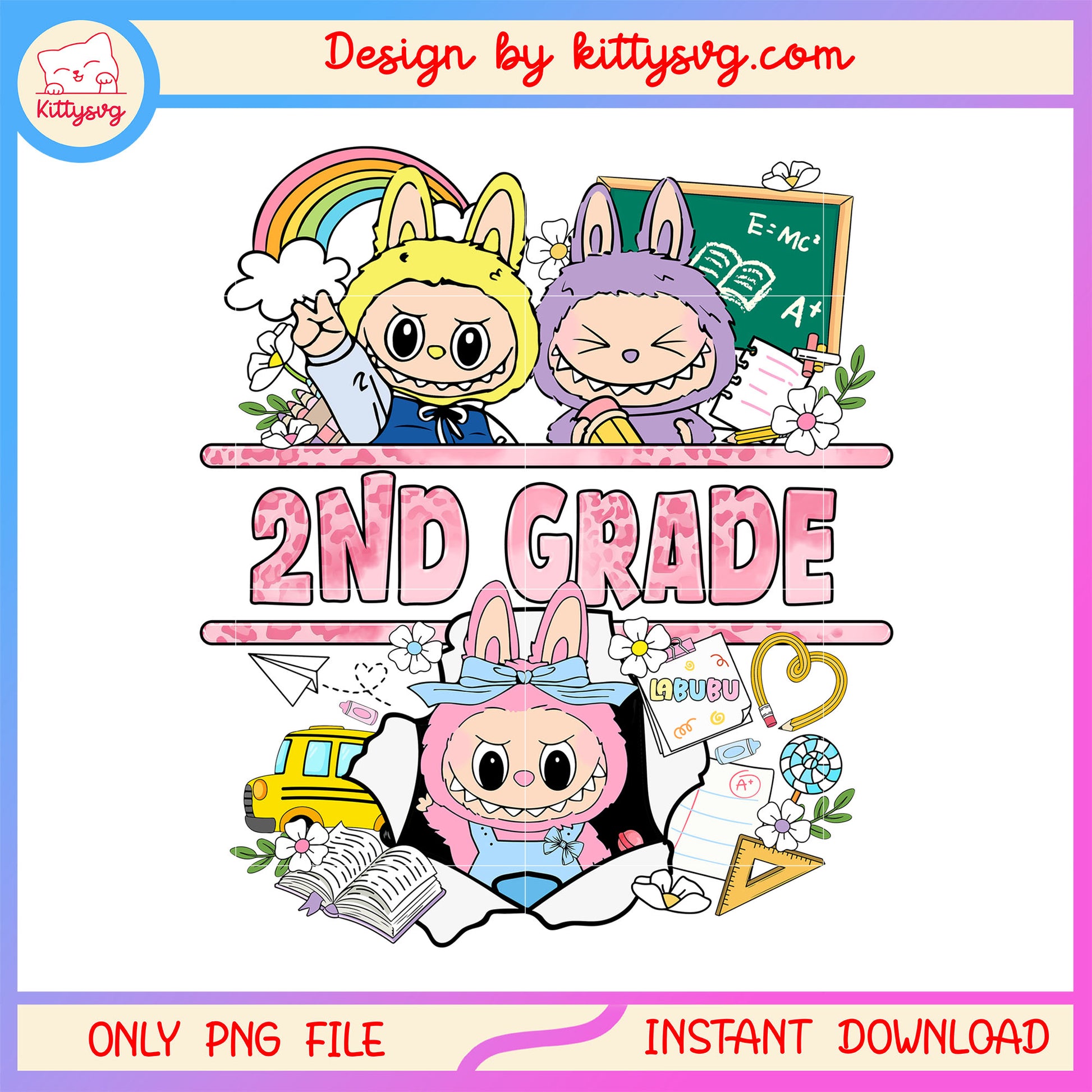 2nd grade school cute labubu design png, back to school png
