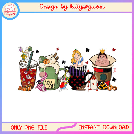 Alice in the wonderland cups halloween coffee png, disney characters png