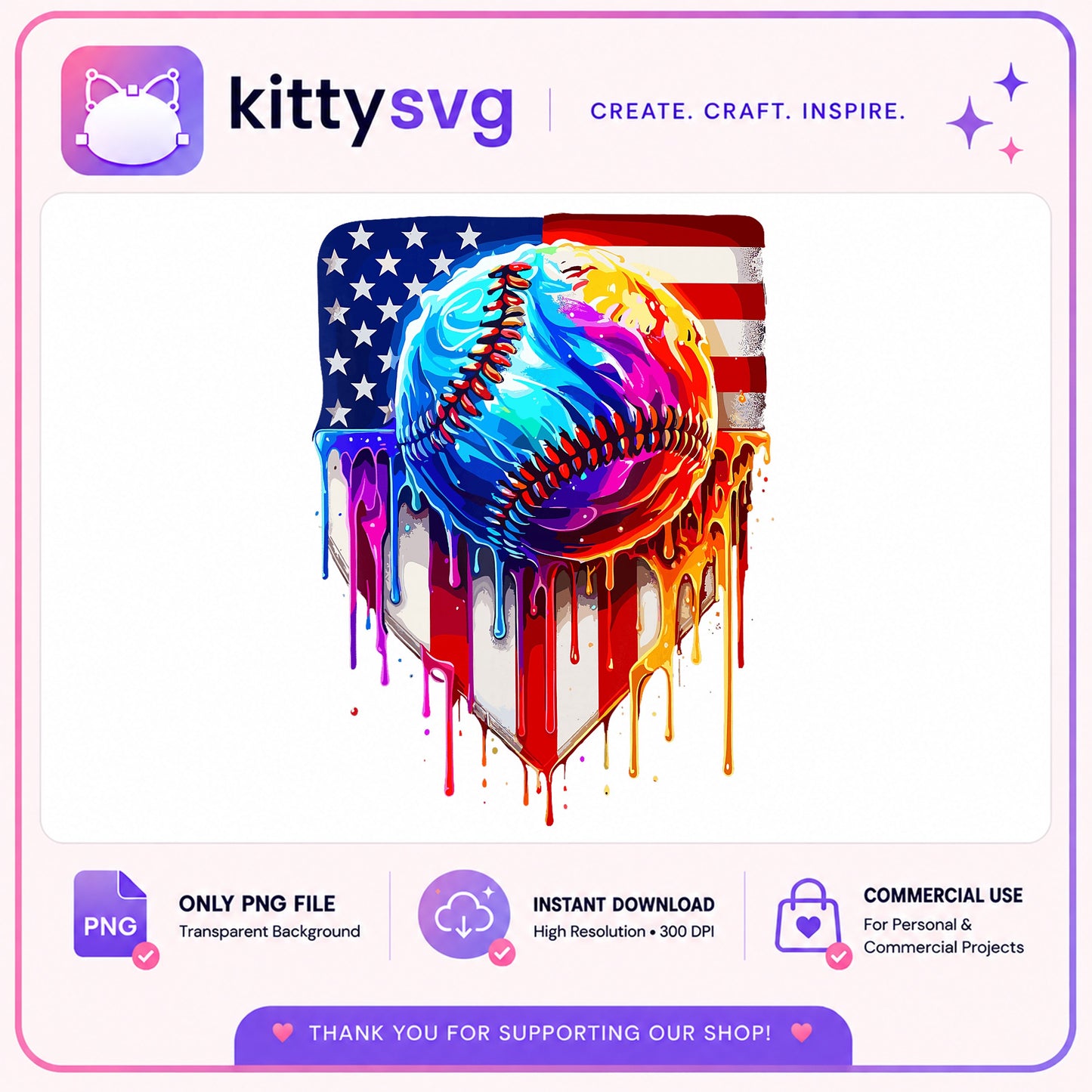 American Flag Baseball Dripping PNG, 4th Of July PNG, Sports PNG