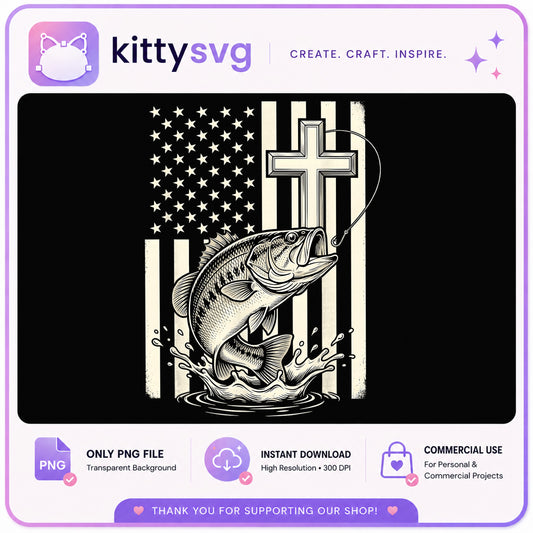 American Flag Fishing Cross PNG, Bass Fish Christian PNG, Patriotic PNG