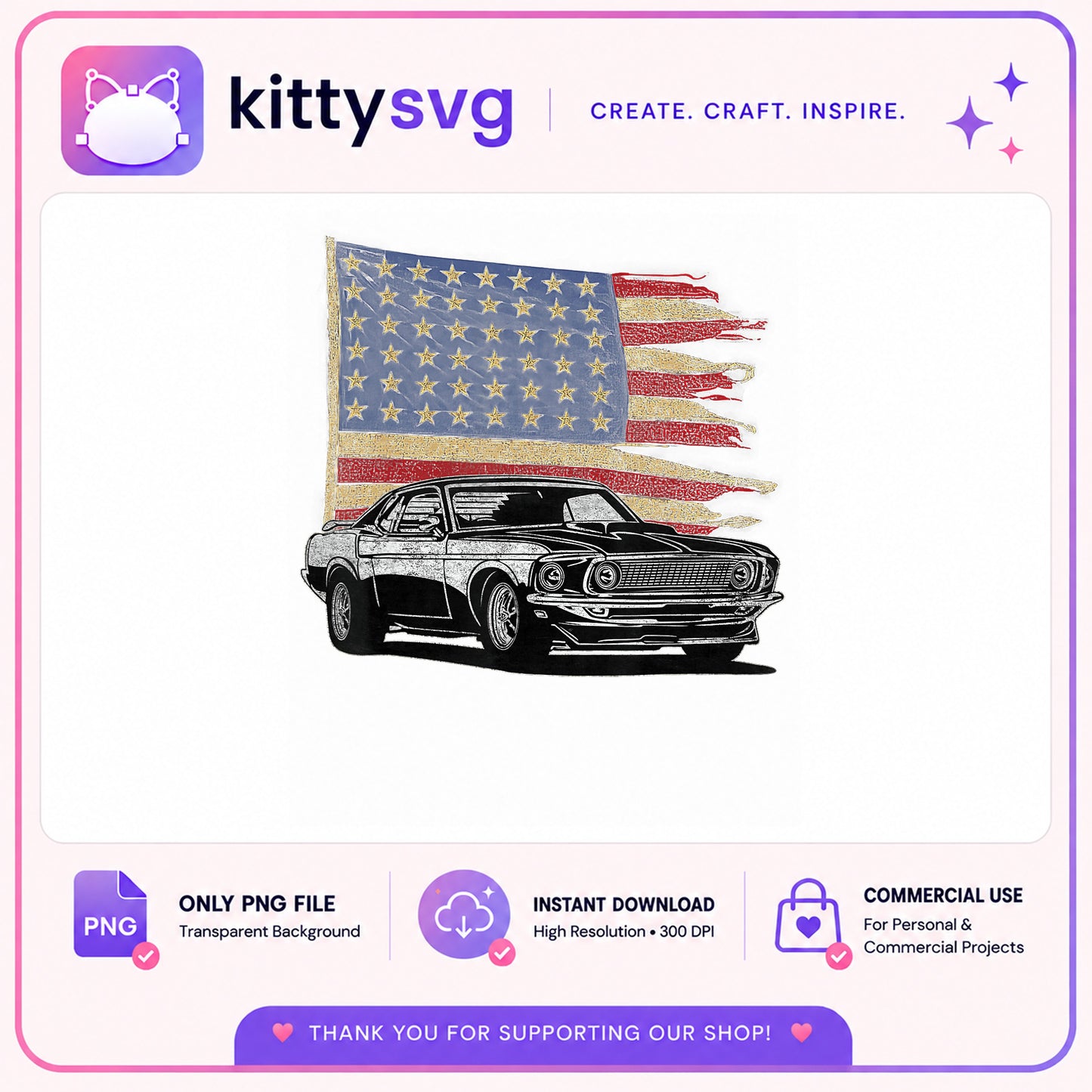 American Muscle Car PNG, Patriotic Flag Car PNG, 4th Of July PNG