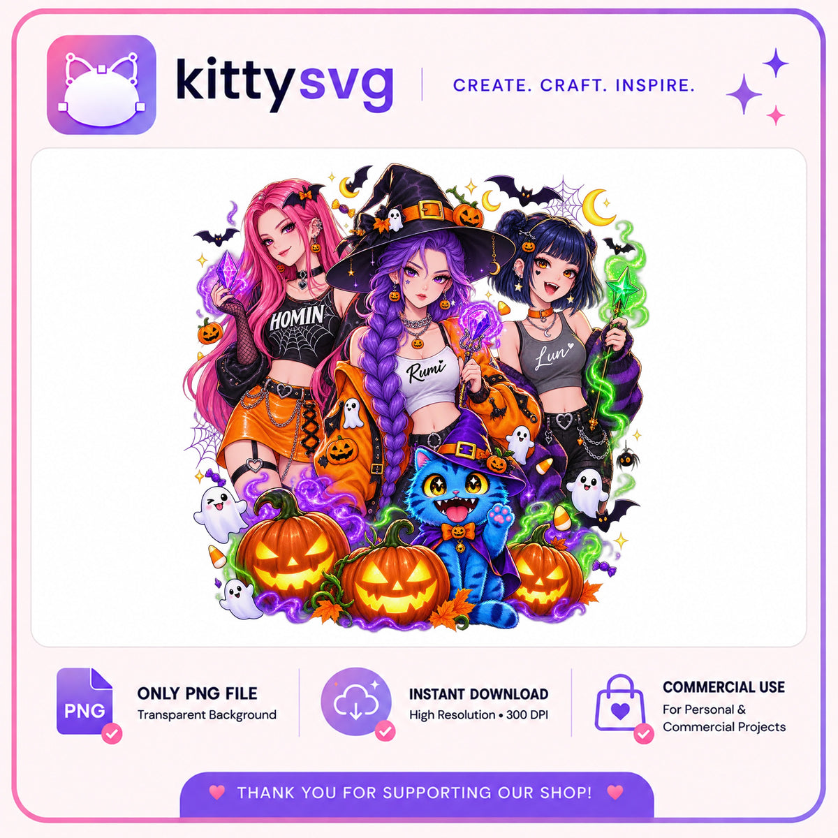 Anime Witch Girls Halloween PNG, Spooky Witches PNG, Halloween PNG