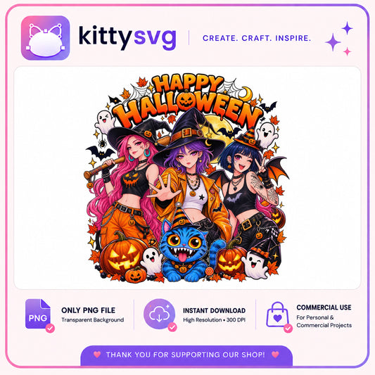 Anime Witch Girls Happy Halloween PNG, Spooky Girls PNG, Halloween PNG