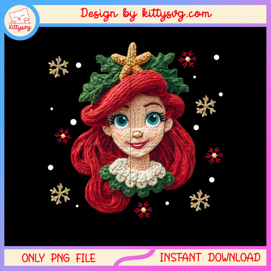 Ariel face christmas patchwork png, disney ariel cartoon png
