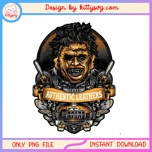 Authentic leathers horror design png, texas chainsaw massacre png, horror logo png