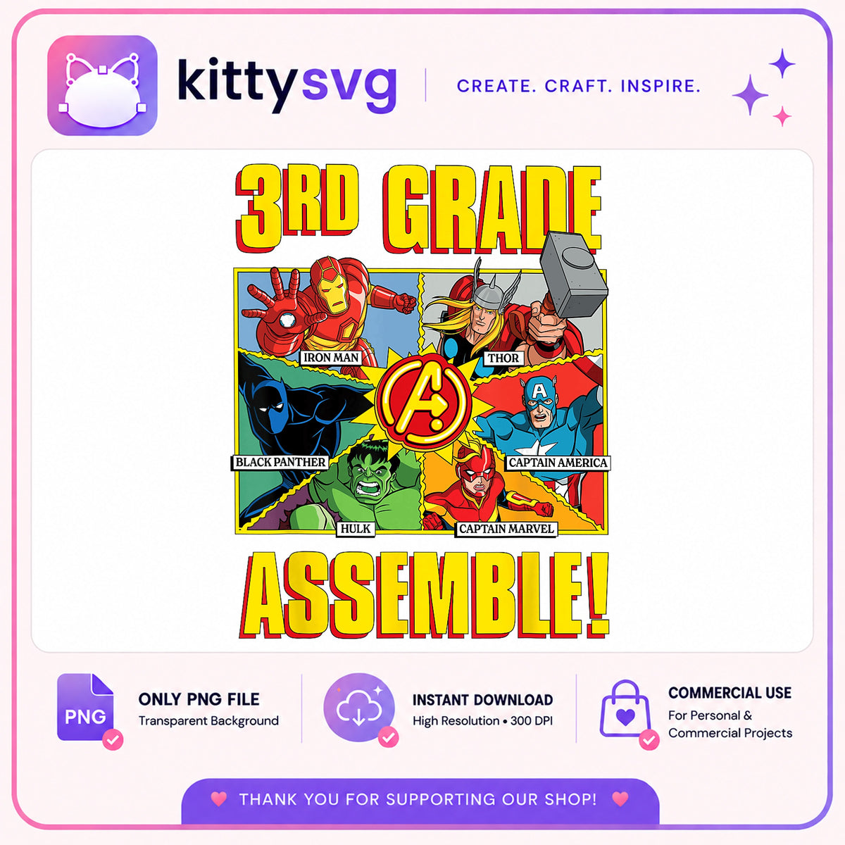 Avengers 3rd Grade Assemble PNG, Marvel Superhero PNG, Back To School PNG
