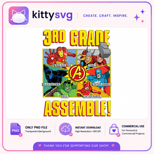 Avengers 3rd Grade Assemble PNG, Marvel Superhero PNG, Back To School PNG