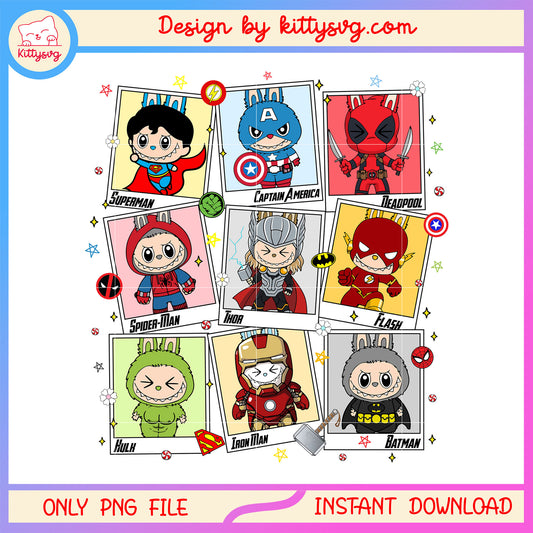 Avengers members labubu doll heroes costumes cards design png, labubu png