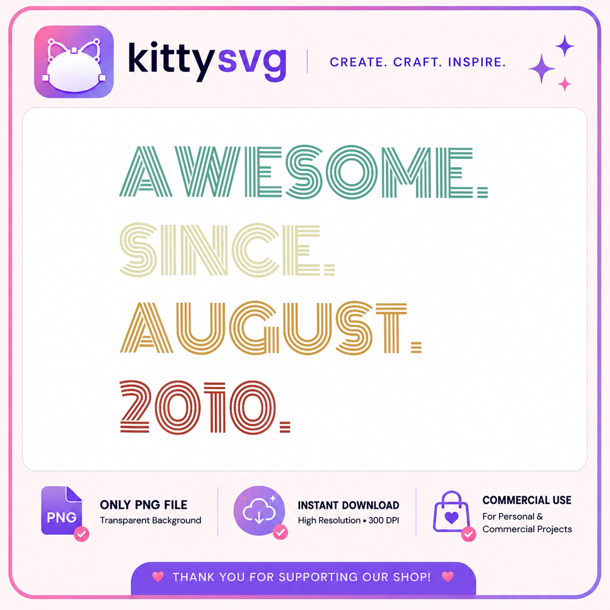 Awesome Since August 2010 PNG, Birthday Shirt PNG, Retro Birthday PNG