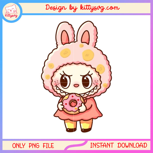 Baby girl labubu eat donut design png, labubu png, labubu art png