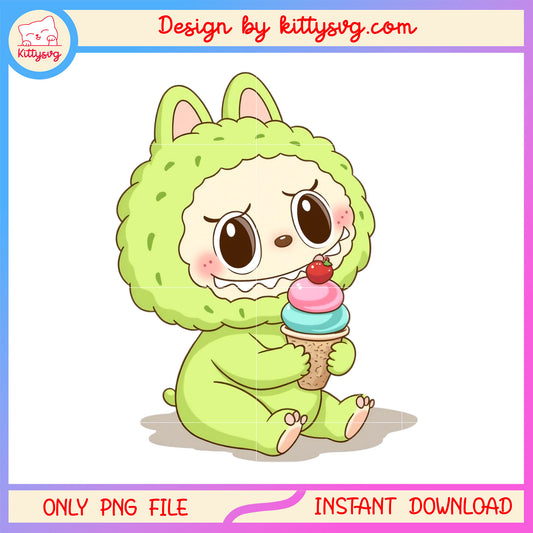 Baby green labubu eating ice cream design png, labubu art png
