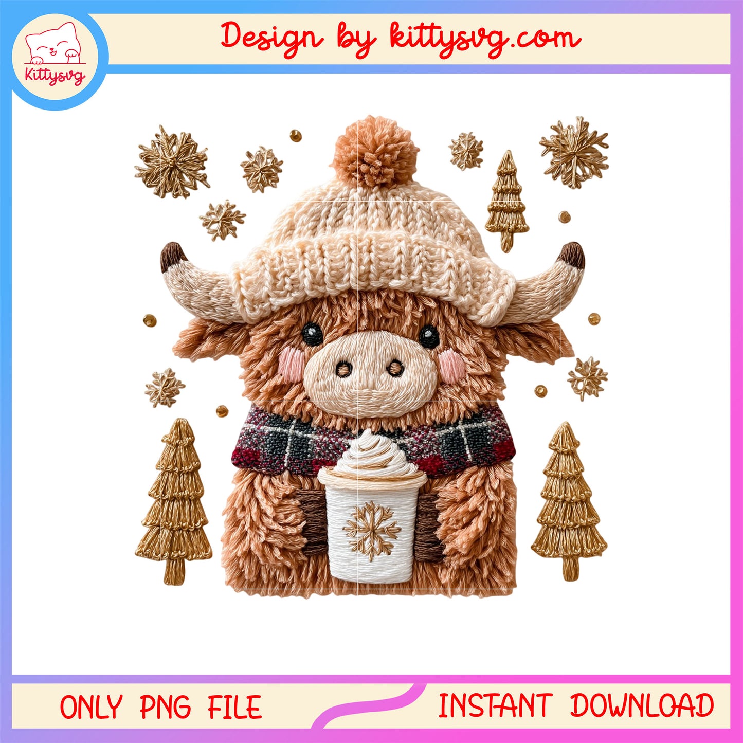 Baby highland cow face christmas patchwork png, mini highland cow png